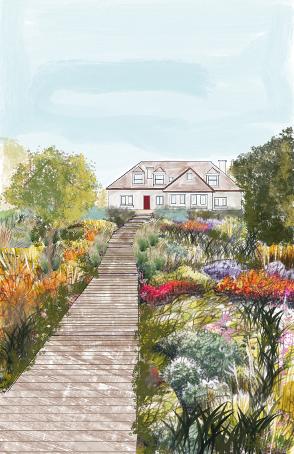 Sketch of decking from mid garden to the house with flowers and planting on either side of the weeoden decking path.