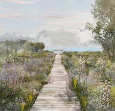 Sketch of Lakehouse project Galway, wooden decking to the lake with grasses on both sides and lake in the distance